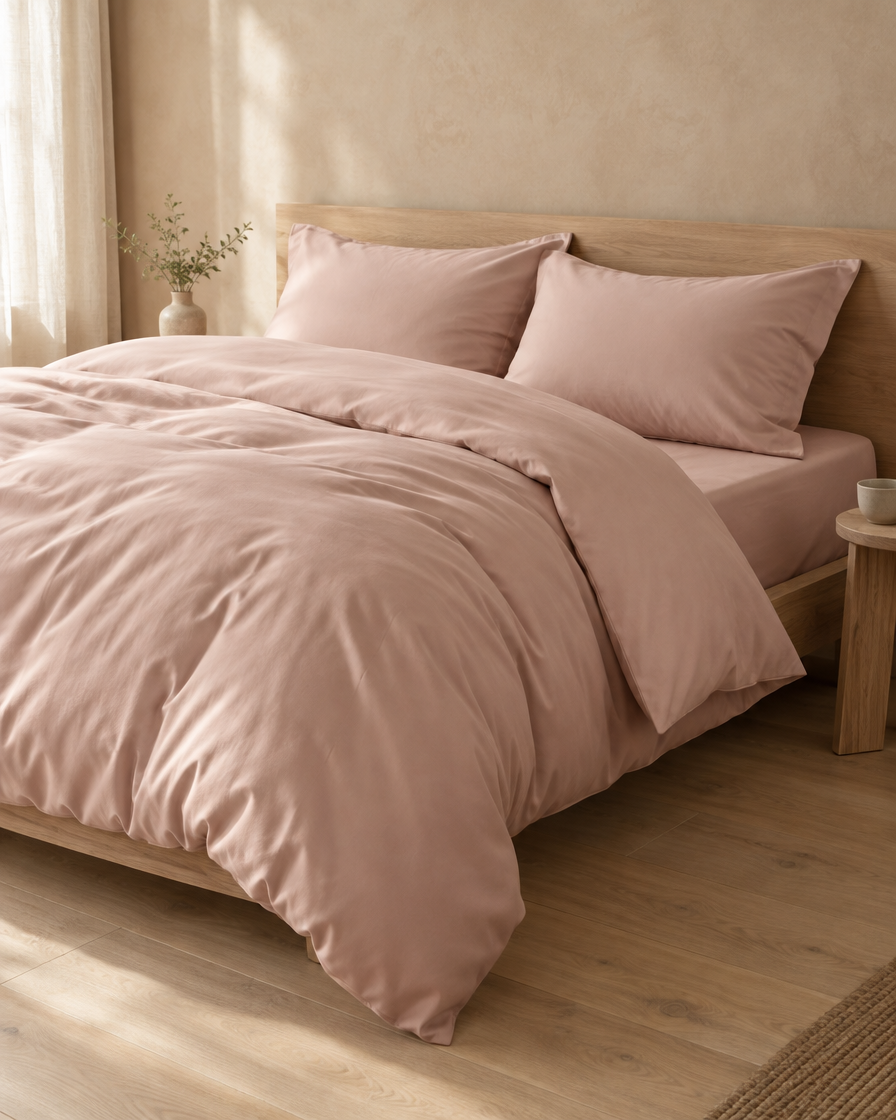 Lyocell sateen duvet cover set – Blush – bed-angle