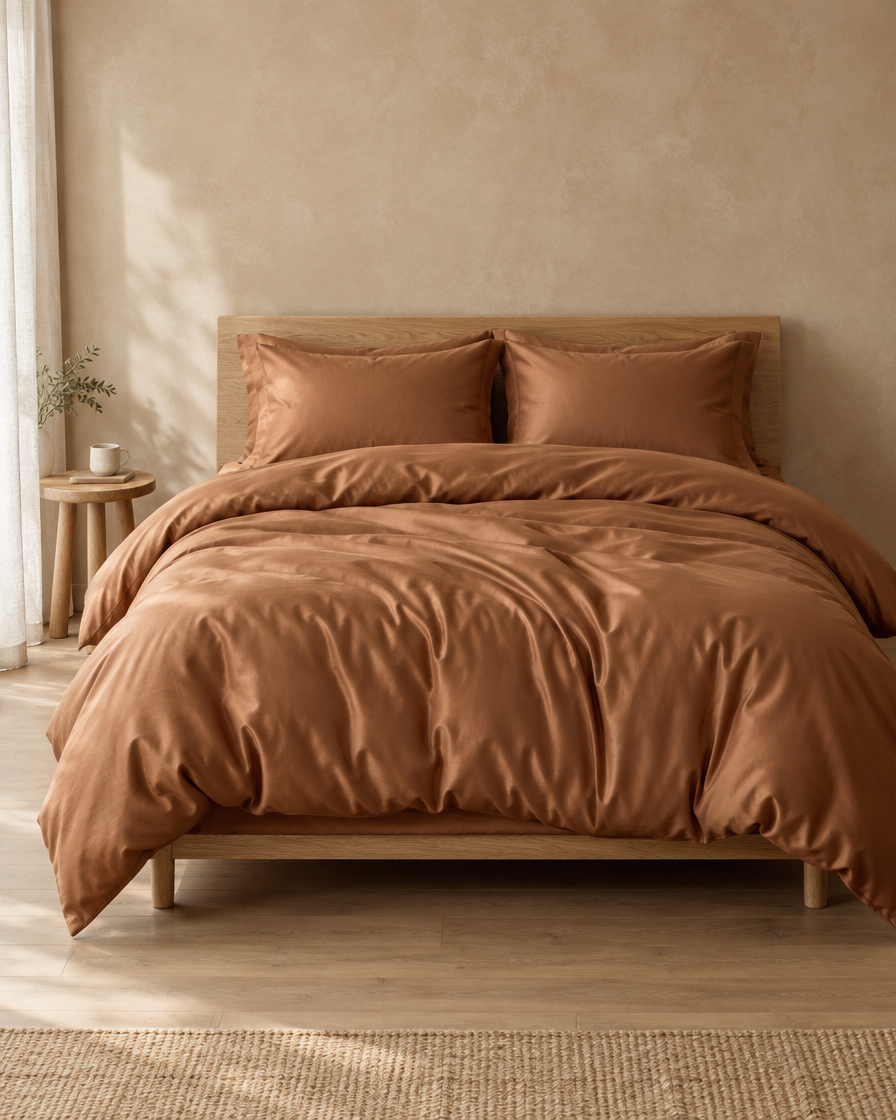 Lyocell sateen pillowcases – Copper – bed-front