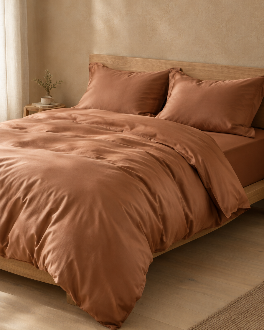 Lyocell sateen fitted sheet – Copper – bed-angle