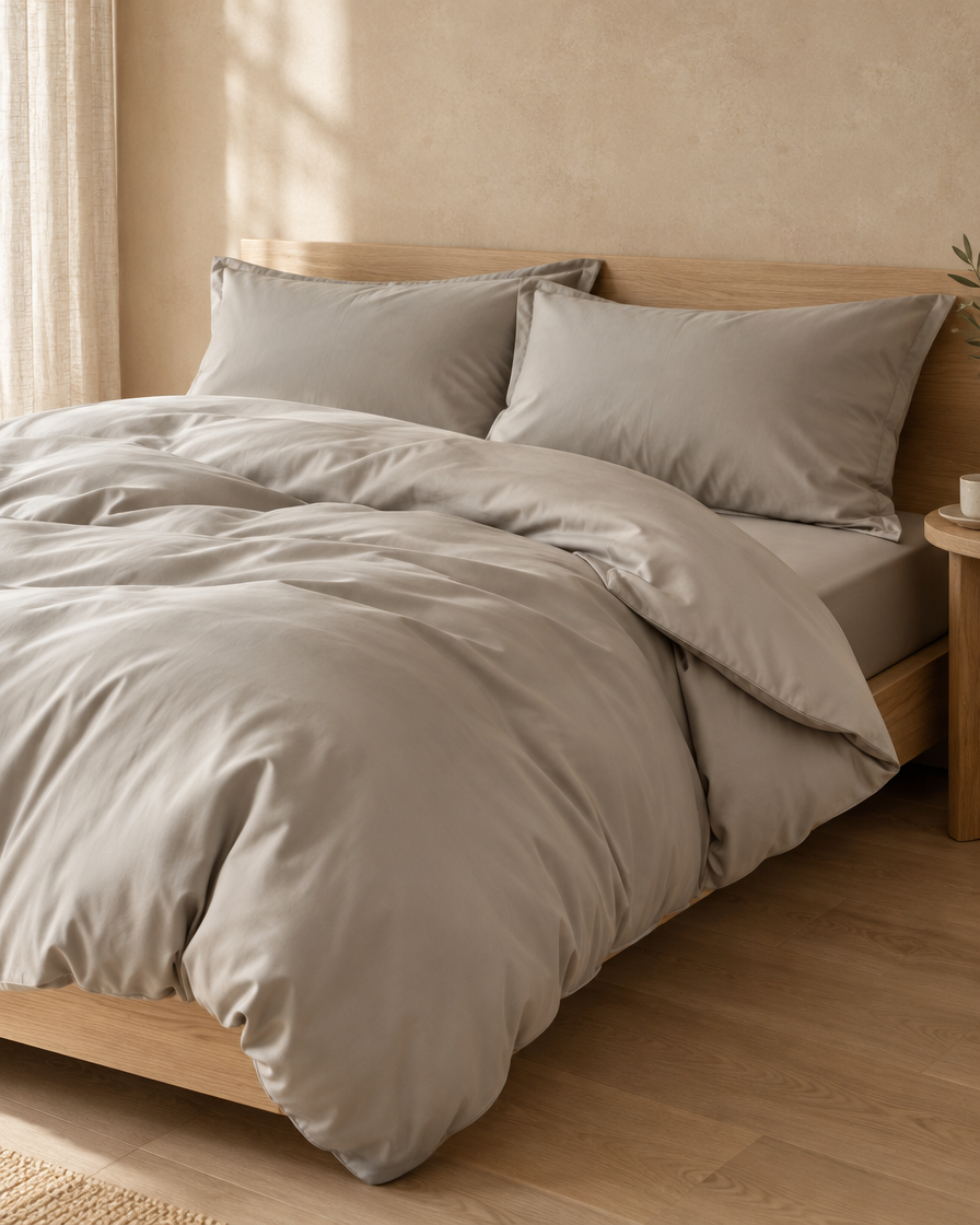 Lyocell sateen fitted sheet – Elegant Grey – bed-angle