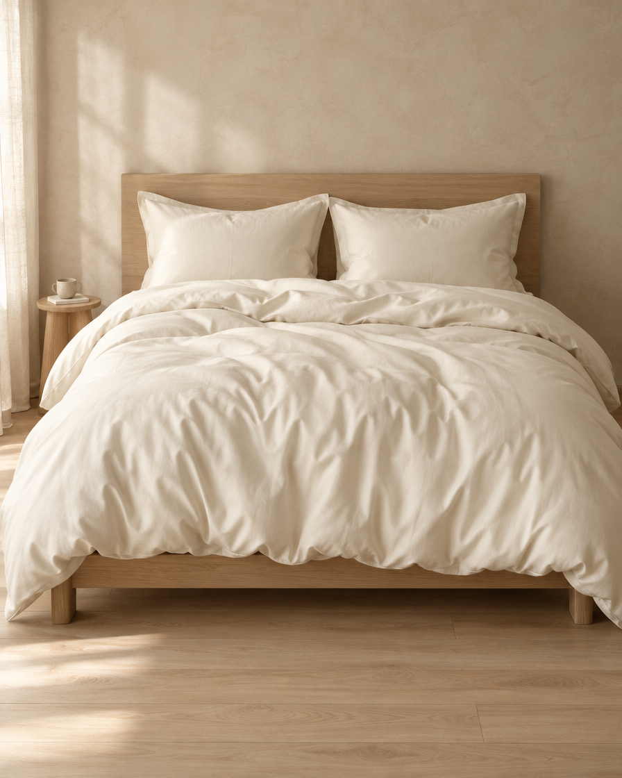 Lyocell sateen duvet cover set – Ivory – bed-front