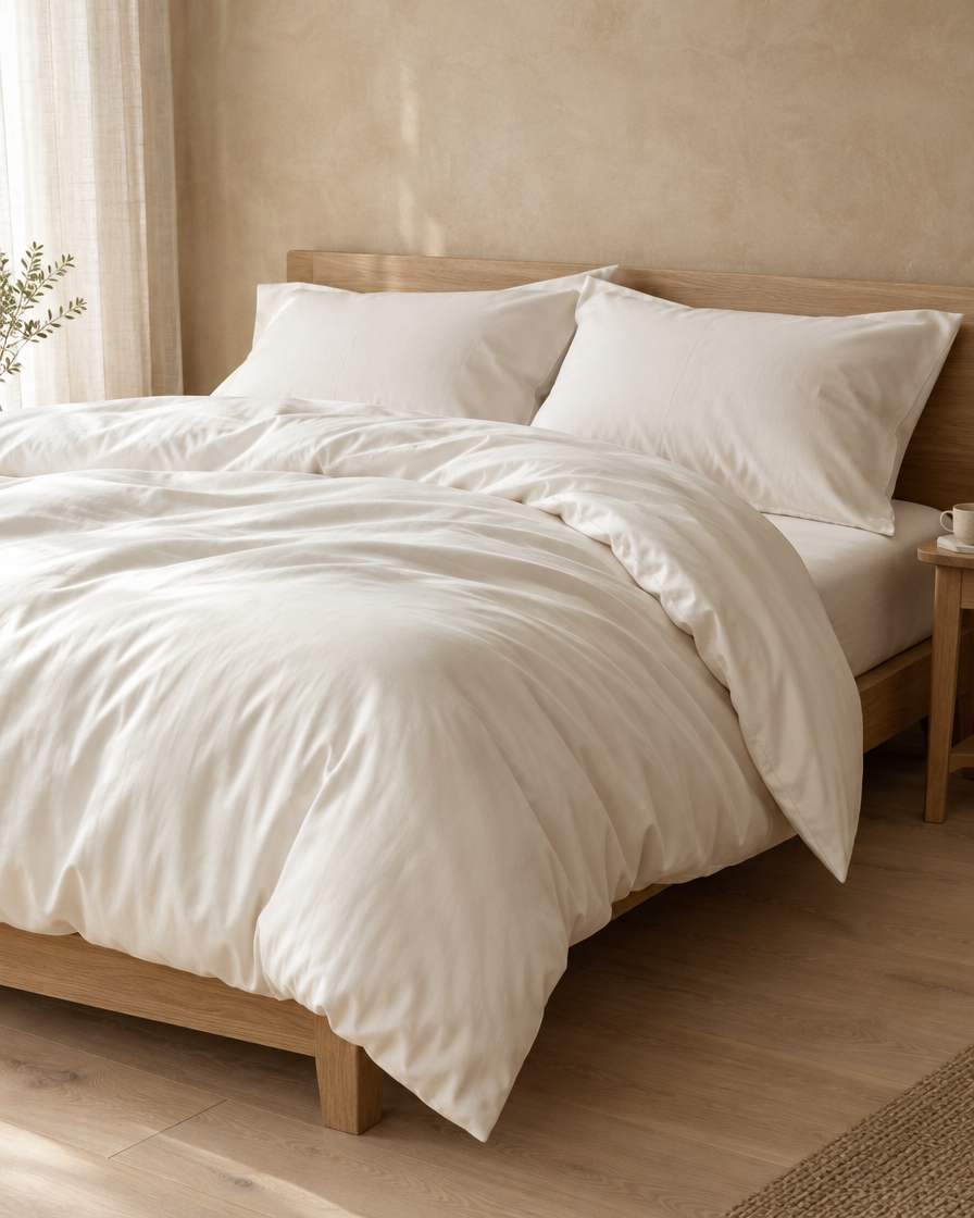 Lyocell sateen duvet cover set – Pearl White – bed-angle