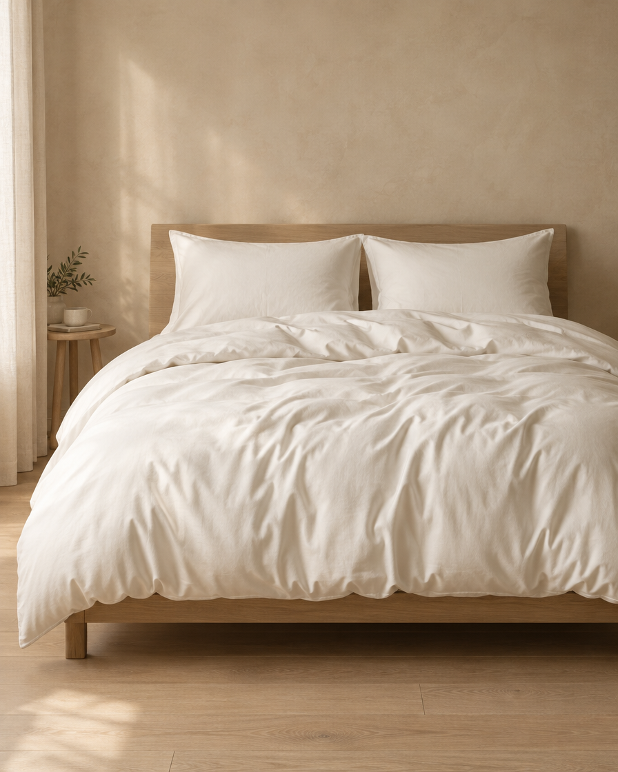 Lyocell sateen duvet cover set – Pearl White – bed-front