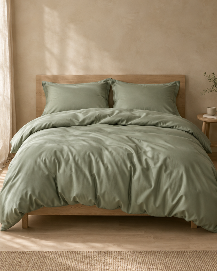 Lyocell sateen pillowcases – Sage – bed-front
