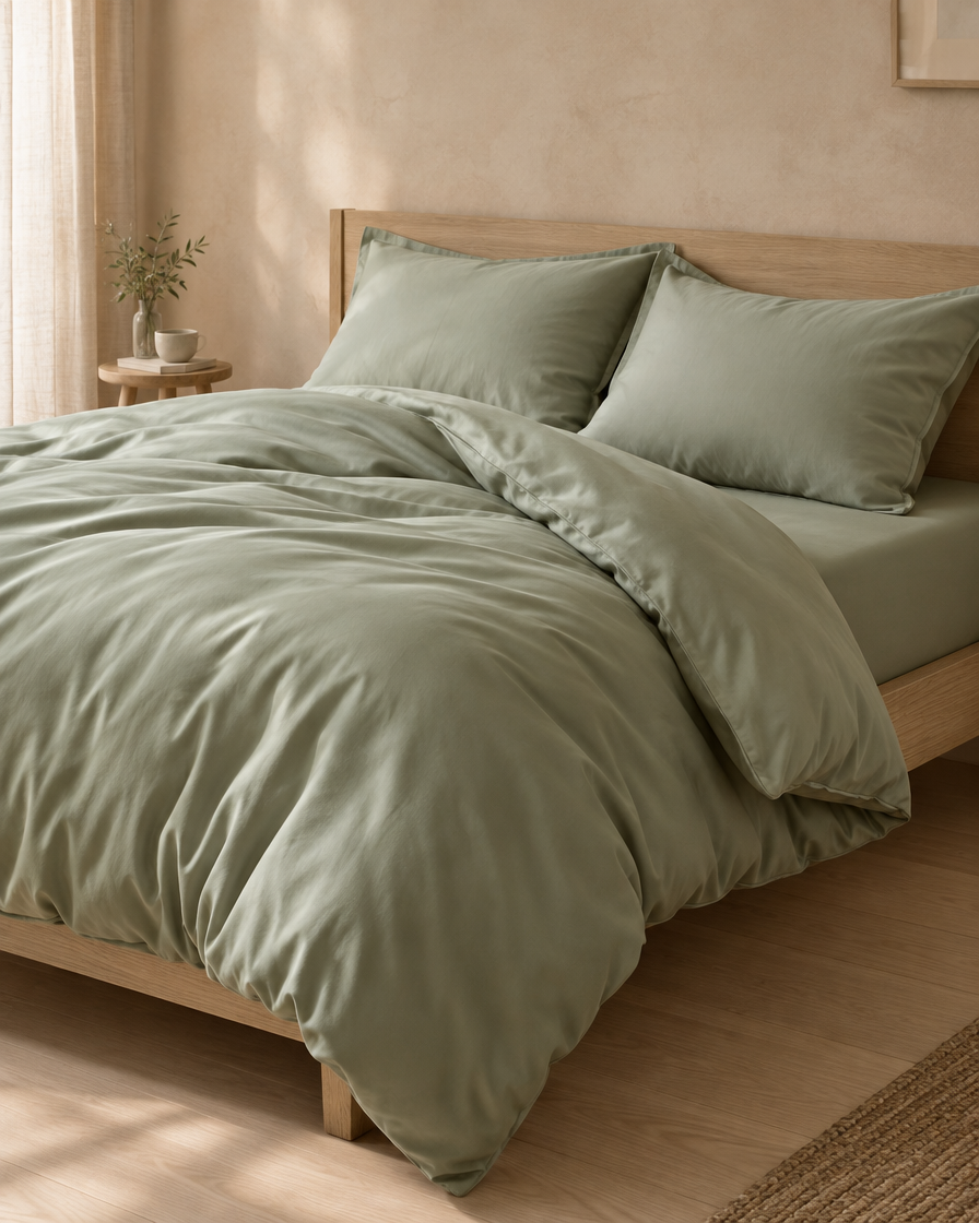 Lyocell sateen fitted sheet – Sage – bed-angle