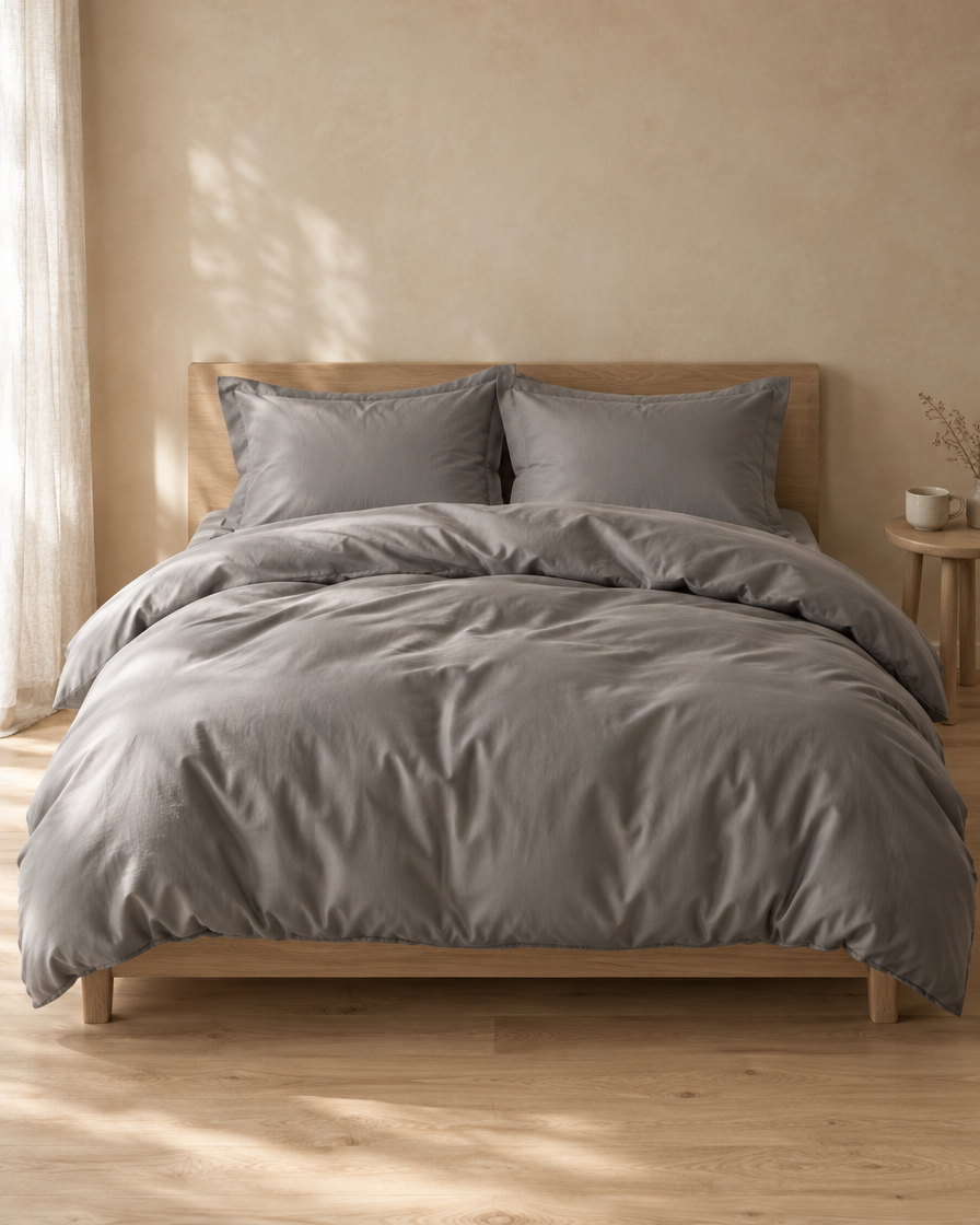 Lyocell sateen pillowcases – Smoke Grey – bed-front