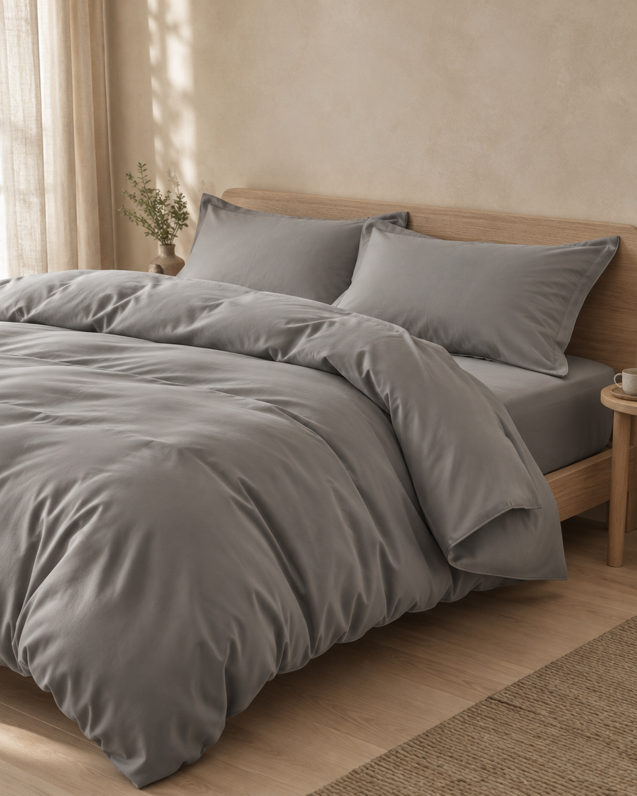 Lyocell sateen fitted sheet – Smoke Grey – bed-angle