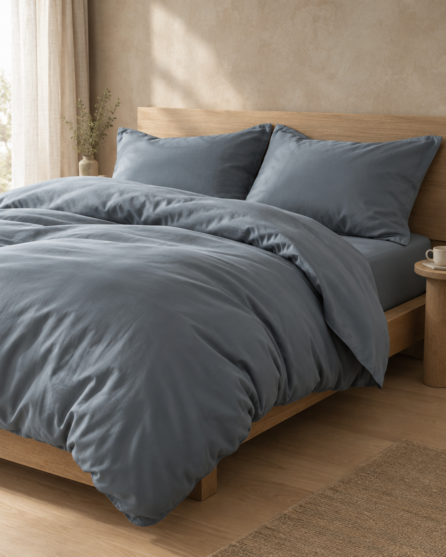 Lyocell sateen duvet cover set – Slate Blue – bed-angle