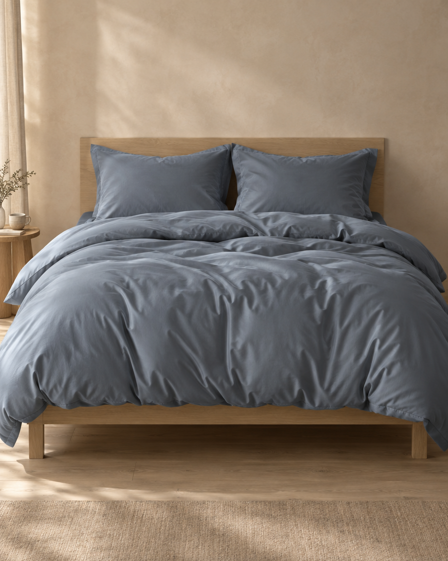 Lyocell sateen duvet cover set – Slate Blue – bed-front